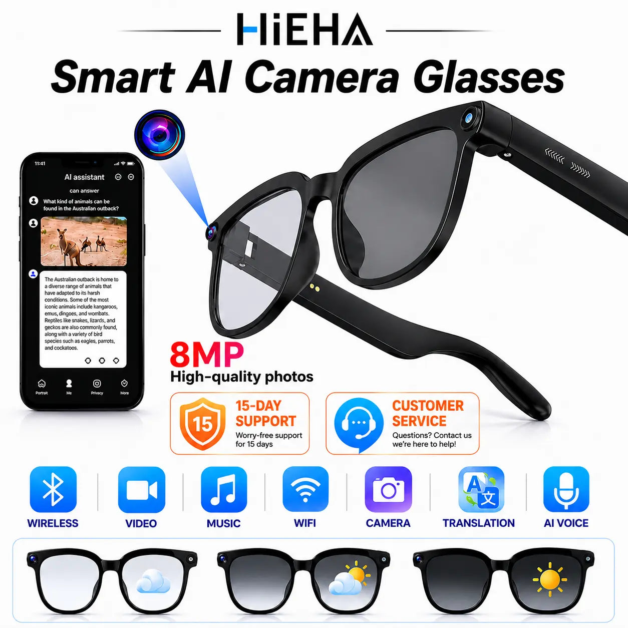 HIEHA 2026 Advanced AI Smart Glasses with 8MP Camera, Photo & Video Recording, Open-Ear HD Audio, Bluetooth Connectivity, UV Protection, and Multi-Language Translation for Travel and Outdoor Activities