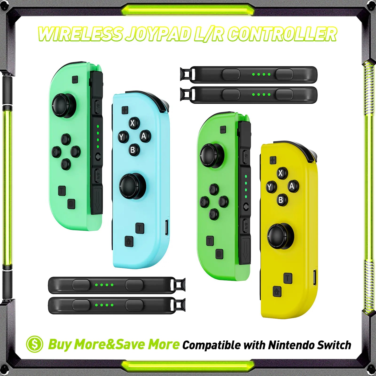 Wireless Joypad L/R Controller for Nintendo Switch - Green/Yellow Ergonomic Dual Vibration Motion Bluetooth Game Controller by Summerwins