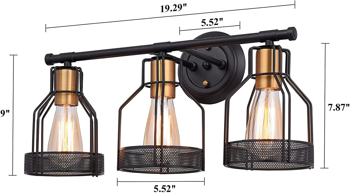 Industrial 3-Light Bathroom Vanity Wall Sconce - Black Metal Cage Fixture with Vintage Edison Bulbs for Farmhouse Decor