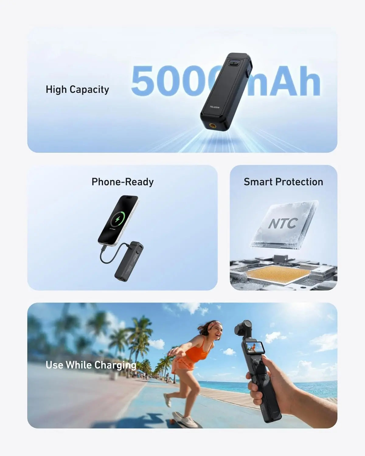 TELESIN Extended Battery Grip with Tripod for Xtra Muse and DJI Osmo Pocket 4/3, 5000mAh Capacity, 1.3X Runtime Extension, Supports Charging During Use, Compact Design for Travel and Vlogging