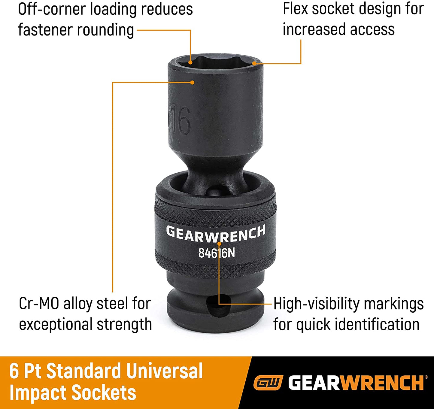 GEARWRENCH 13-Piece 1/2" Drive 6-Point Standard Universal Impact Socket Set, SAE - Model 84938N