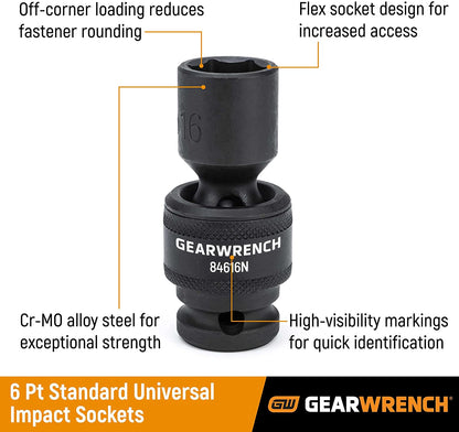 GEARWRENCH 13-Piece 1/2" Drive 6-Point Standard Universal Impact Socket Set, SAE - Model 84938N