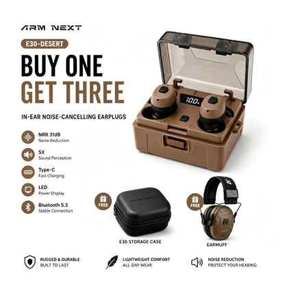 ARM NEXT Fieldops Tactical Earbuds E30 - Bluetooth Hearing Protection with 31dB Noise Reduction, Sound Pickup, 50 Hours Playtime, and LED Display for Outdoor Activities and Shooting