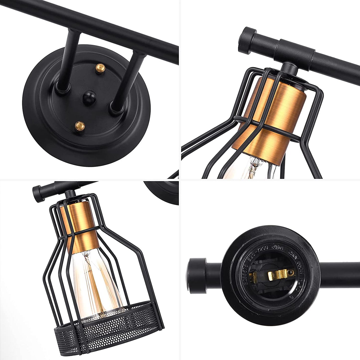 Industrial 3-Light Bathroom Vanity Wall Sconce - Black Metal Cage Fixture with Vintage Edison Bulbs for Farmhouse Decor