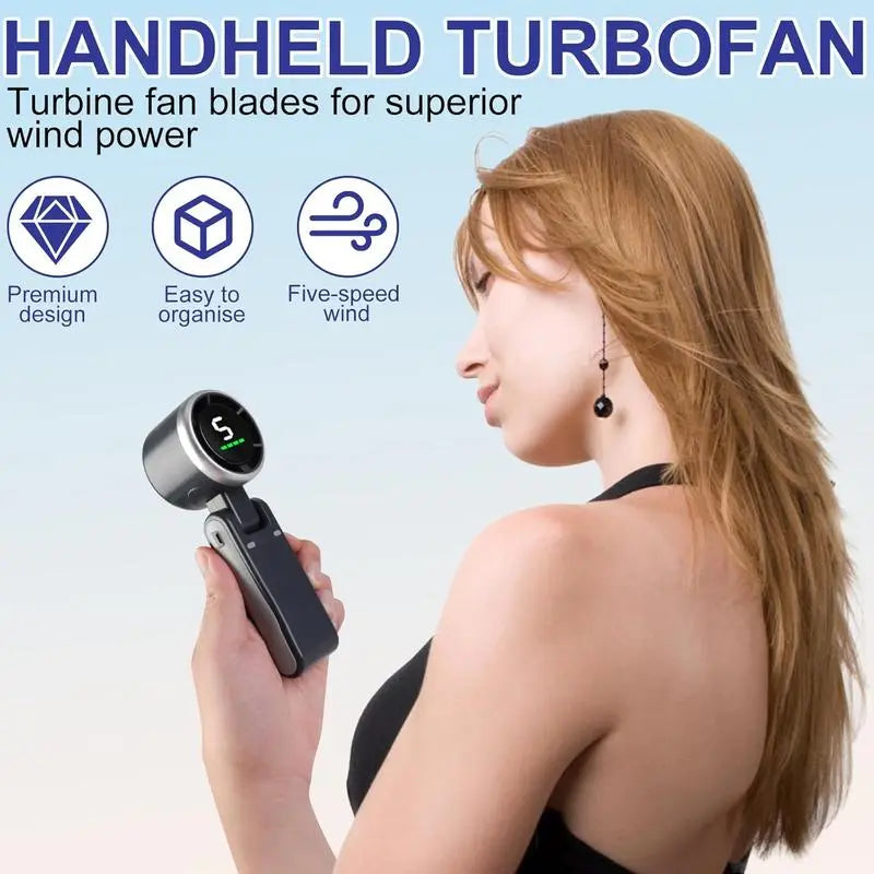 Portable Handheld Turbo Fan with 5 Speed Settings, 4000mAh Rechargeable Battery, Up to 10 Hours of Operation, 3-in-1 Cooling Solution for Outdoor Activities and Travel