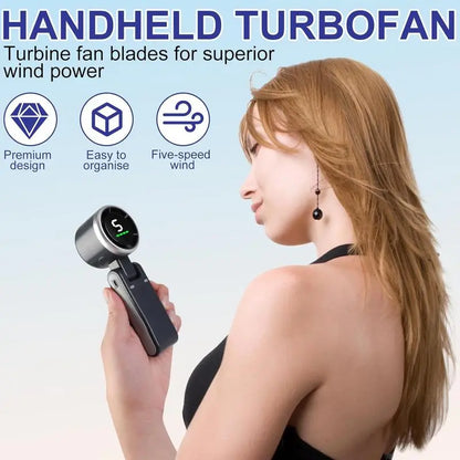 Portable Handheld Turbo Fan with 5 Speed Settings, 4000mAh Rechargeable Battery, Up to 10 Hours of Operation, 3-in-1 Cooling Solution for Outdoor Activities and Travel