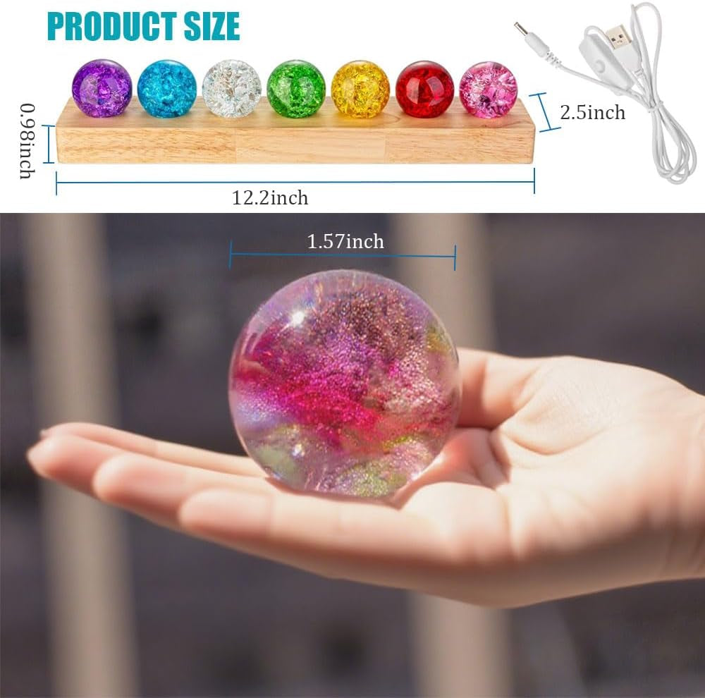 40Mm Set of 7 Ice Cracked Glass Crystal Chakra Balls with LED Wooden Base - 7 Colors Healing Sphere, Night Light Decor for Home, Living Room, Meditation & Energy Balancing
