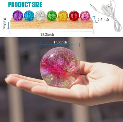 40Mm Set of 7 Ice Cracked Glass Crystal Chakra Balls with LED Wooden Base - 7 Colors Healing Sphere, Night Light Decor for Home, Living Room, Meditation & Energy Balancing