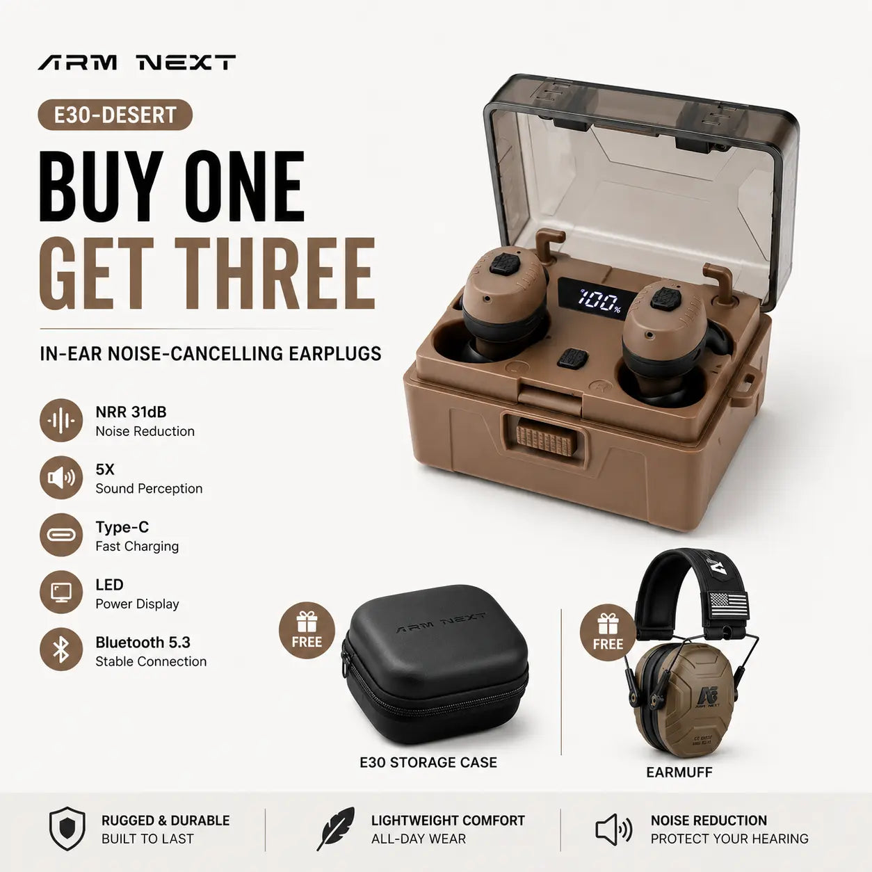 ARM NEXT Fieldops Tactical Earbuds E30 - Bluetooth Hearing Protection with 31dB Noise Reduction, Sound Pickup, 50 Hours Playtime, and LED Display for Outdoor Activities and Shooting