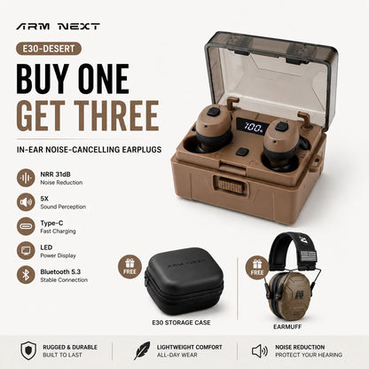 ARM NEXT Fieldops Tactical Earbuds E30 - Bluetooth Hearing Protection with 31dB Noise Reduction, Sound Pickup, 50 Hours Playtime, and LED Display for Outdoor Activities and Shooting