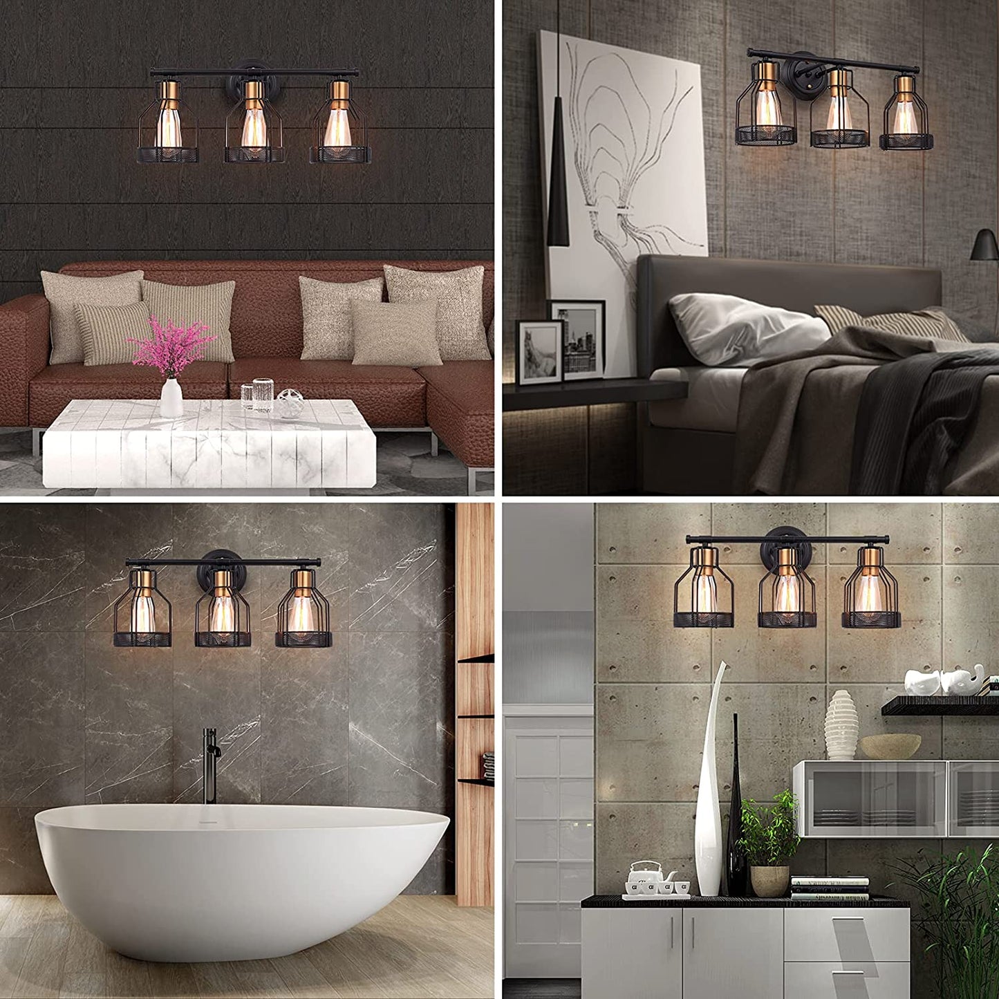 Industrial 3-Light Bathroom Vanity Wall Sconce - Black Metal Cage Fixture with Vintage Edison Bulbs for Farmhouse Decor