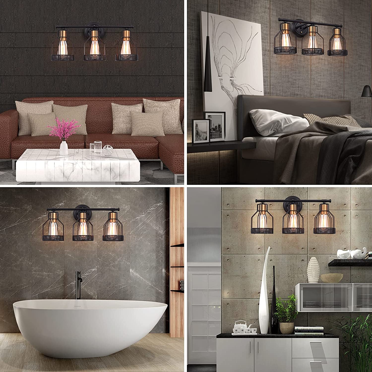 Industrial 3-Light Bathroom Vanity Wall Sconce - Black Metal Cage Fixture with Vintage Edison Bulbs for Farmhouse Decor