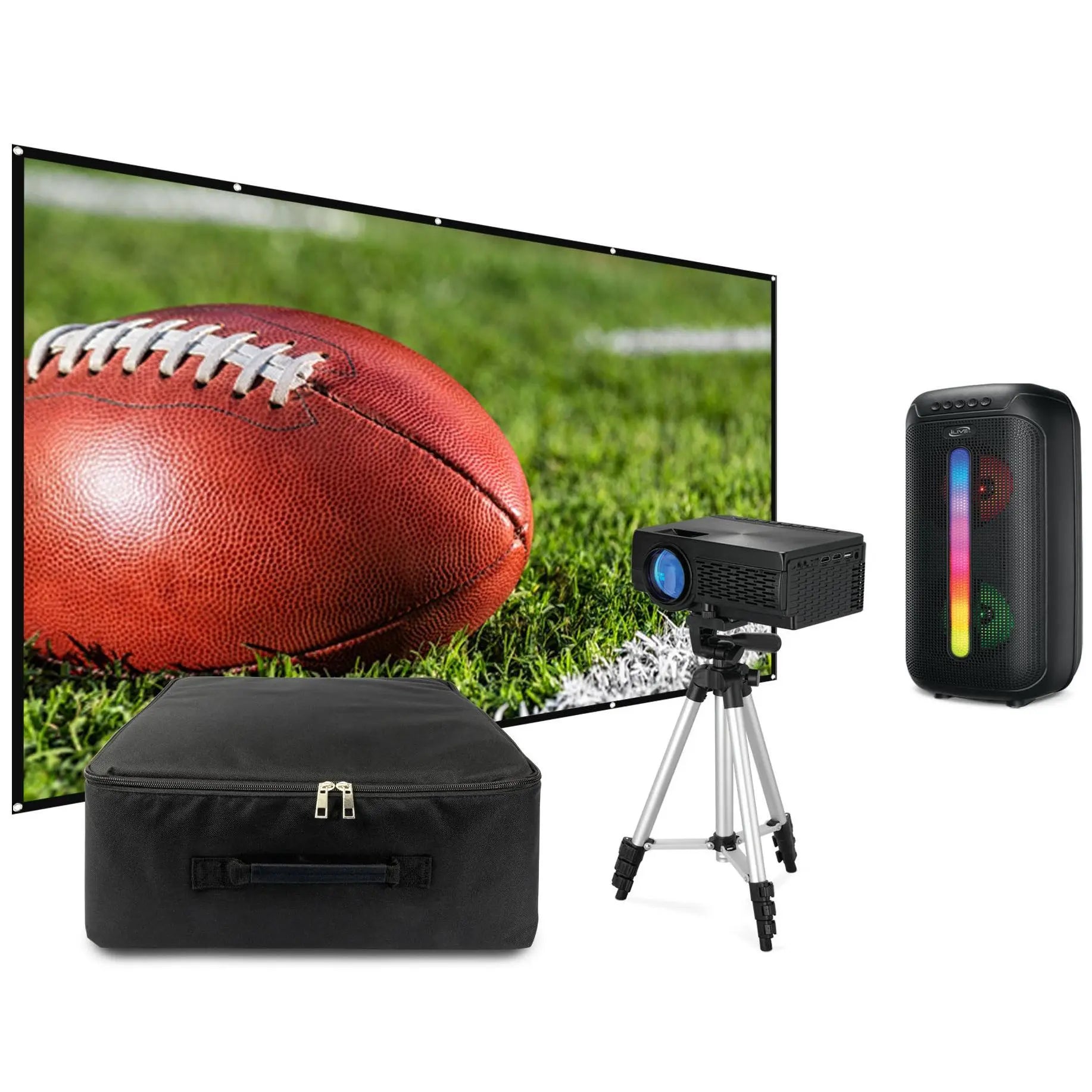 iLive Portable Projector Movie Set with 120-Inch Screen and Integrated Party Speaker