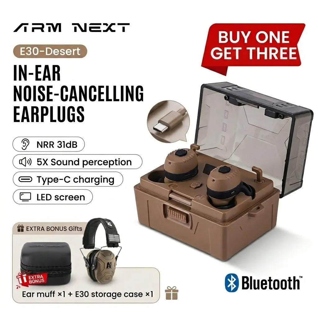 ARM NEXT Fieldops Tactical Earbuds E30 - Bluetooth Hearing Protection with 31dB Noise Reduction, Sound Pickup, 50 Hours Playtime, and LED Display for Outdoor Activities and Shooting