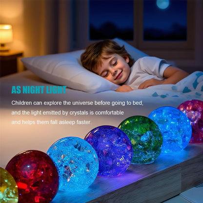 40Mm Set of 7 Ice Cracked Glass Crystal Chakra Balls with LED Wooden Base - 7 Colors Healing Sphere, Night Light Decor for Home, Living Room, Meditation & Energy Balancing