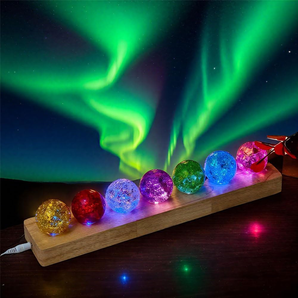 40Mm Set of 7 Ice Cracked Glass Crystal Chakra Balls with LED Wooden Base - 7 Colors Healing Sphere, Night Light Decor for Home, Living Room, Meditation & Energy Balancing