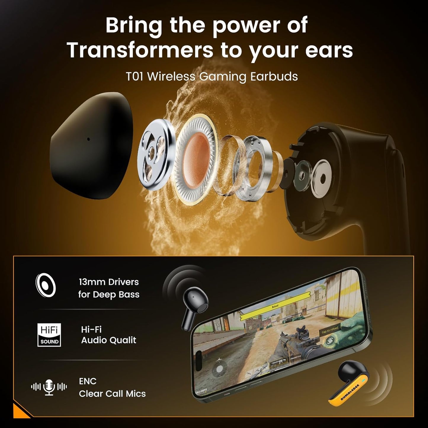 Bumblebee Official Bluetooth 5.4 Headphones, Wireless Earbuds with ENC Noise Cancelling Mic | Durable Alloy Earbud Case | Immersive Soundfor Gaming & Commute | Yellow