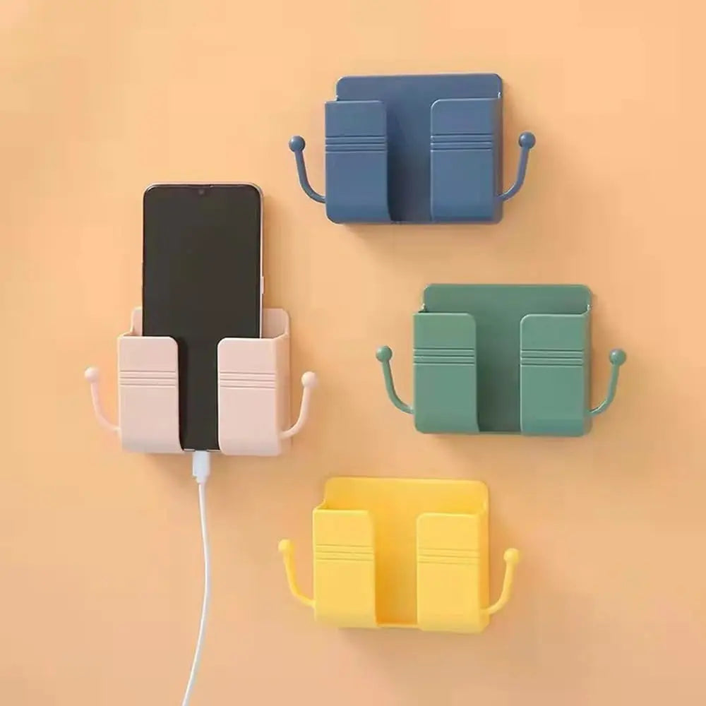 Pink Self-Adhesive Wall-Mounted Phone and Remote Control Organizer - No-Drill Multifunctional Storage Rack for Bedrooms, Bathrooms, and Kitchens; Accommodates Mobile Phones, TV/AC Remotes, Glasses, and Keys.
