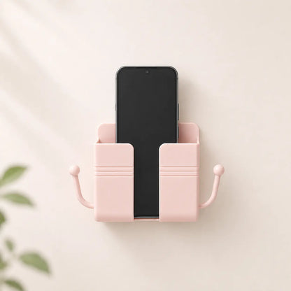Pink Self-Adhesive Wall-Mounted Phone and Remote Control Organizer - No-Drill Multifunctional Storage Rack for Bedrooms, Bathrooms, and Kitchens; Accommodates Mobile Phones, TV/AC Remotes, Glasses, and Keys.