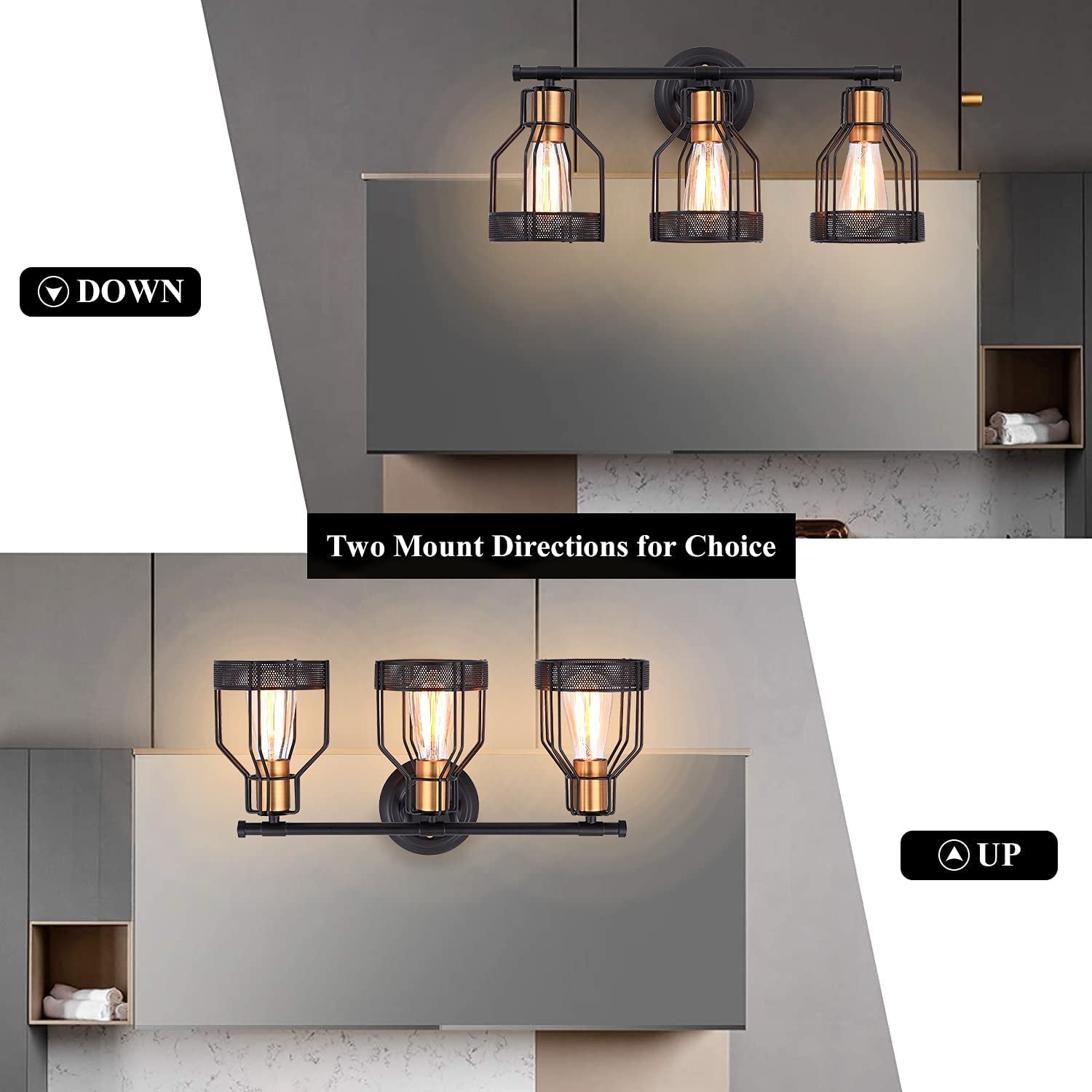 Industrial 3-Light Bathroom Vanity Wall Sconce - Black Metal Cage Fixture with Vintage Edison Bulbs for Farmhouse Decor