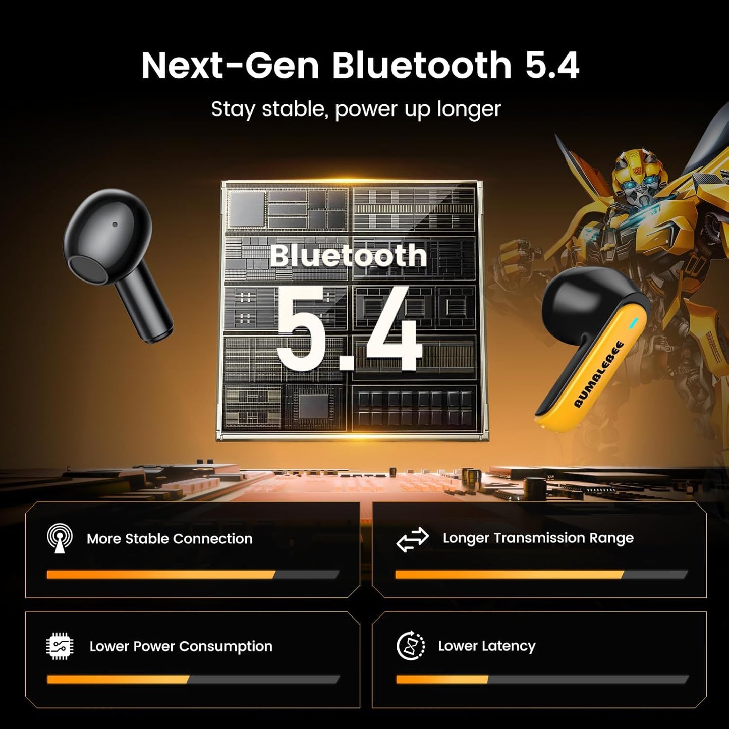 Bumblebee Official Bluetooth 5.4 Headphones, Wireless Earbuds with ENC Noise Cancelling Mic | Durable Alloy Earbud Case | Immersive Soundfor Gaming & Commute | Yellow