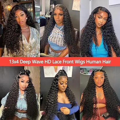 Haloqueen 34-Inch Women's Brazilian Virgin Human Hair Lace Front Wig - 13X4 Pre-Plucked Frontal with Natural Baby Hair, 200 Density Deep Wavy Wet and Wavy in Natural Color - $75.90