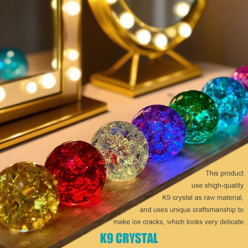 40Mm Set of 7 Ice Cracked Glass Crystal Chakra Balls with LED Wooden Base - 7 Colors Healing Sphere, Night Light Decor for Home, Living Room, Meditation & Energy Balancing
