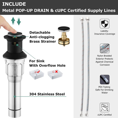 Matte Black 2-Handle Bathroom Faucet with Metal Drain Assembly and Supply Lines, NSF and CUPC Certified, Model 1359104