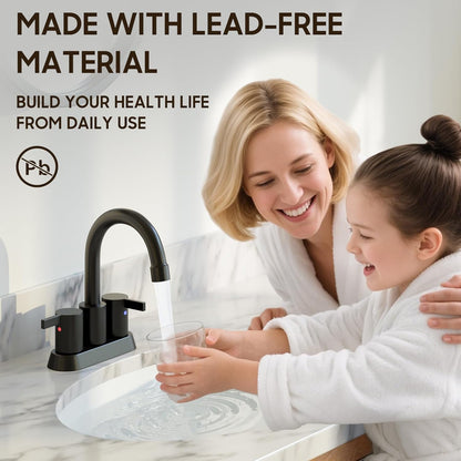 4 Inch 2 Handle Centerset Matte Black Lead-Free Modern Bathroom Faucet, 360 Swivel Spout 2-3 Hole RV Bathroom Vanity Sink Faucet with Pop up Drain and Water Supply Lines,Bf015-1-Mb