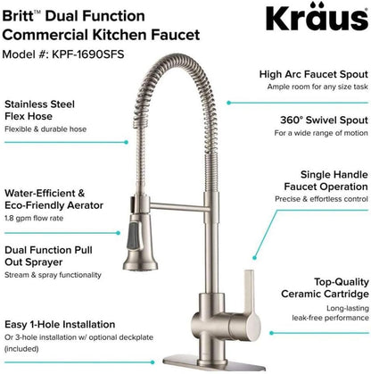 Britt Commercial-Grade Spot-Free Stainless Steel Pre-Rinse Kitchen Faucet with Deck Plate, Model KPF-1690SFS
