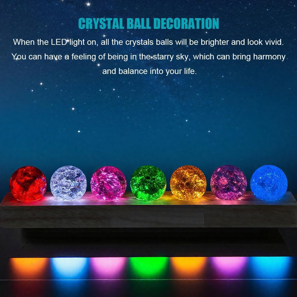 40Mm Set of 7 Ice Cracked Glass Crystal Chakra Balls with LED Wooden Base - 7 Colors Healing Sphere, Night Light Decor for Home, Living Room, Meditation & Energy Balancing