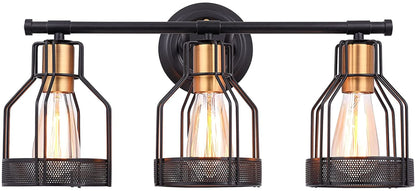 Industrial 3-Light Bathroom Vanity Wall Sconce - Black Metal Cage Fixture with Vintage Edison Bulbs for Farmhouse Decor