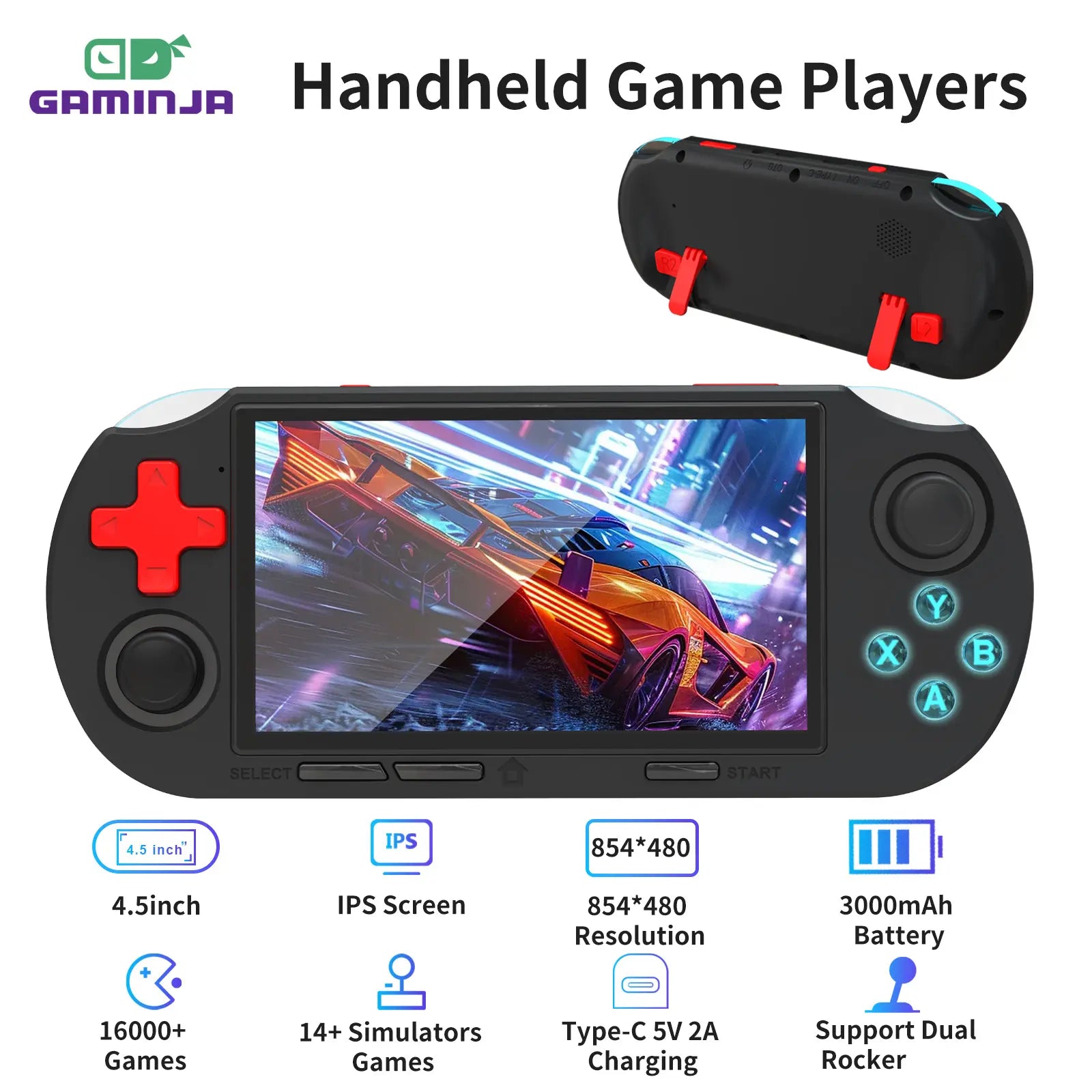 YLW ANS16 Handheld Retro Gaming Console with 4.5-Inch IPS Display, 64GB Memory, 16,000 Games, 14 Emulators, RGB Lighting, 3000mAh Battery - Portable Gaming Gift for Outdoor Fun