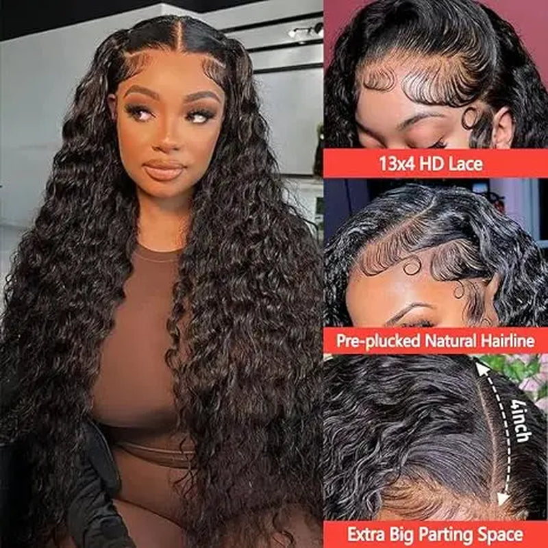 Haloqueen 34-Inch Women's Brazilian Virgin Human Hair Lace Front Wig - 13X4 Pre-Plucked Frontal with Natural Baby Hair, 200 Density Deep Wavy Wet and Wavy in Natural Color - $75.90