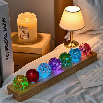 40Mm Set of 7 Ice Cracked Glass Crystal Chakra Balls with LED Wooden Base - 7 Colors Healing Sphere, Night Light Decor for Home, Living Room, Meditation & Energy Balancing
