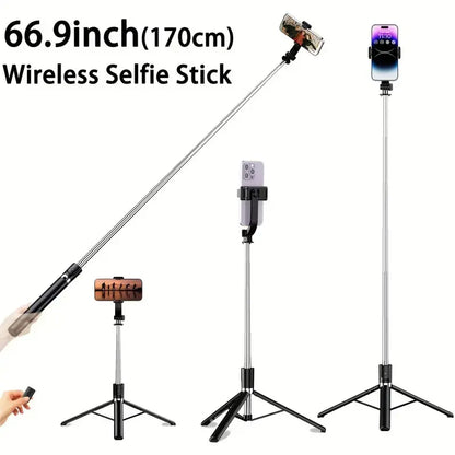 68-Inch Retractable Selfie Stick and Professional Floor Tripod for Live Streaming, Featuring Wireless Remote, 360° Rotation, and Stable Anti-Shake Design; Perfect for Travel Vlogs and Outdoor Streaming, Compatible with iPhone and Android Smartphones