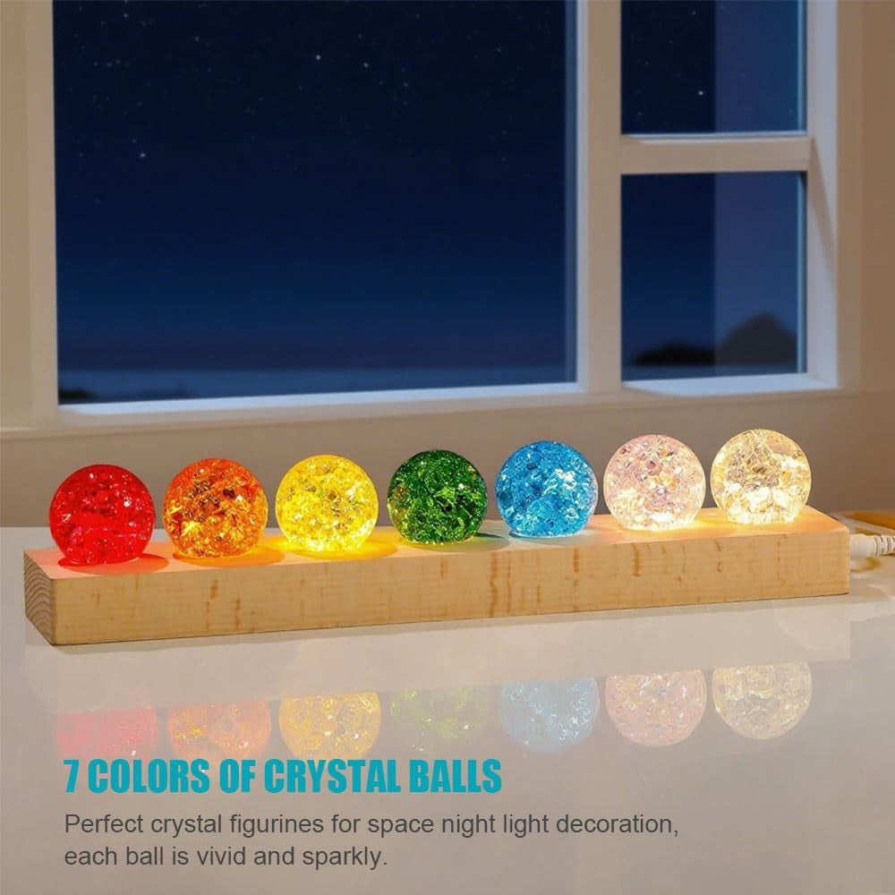 40Mm Set of 7 Ice Cracked Glass Crystal Chakra Balls with LED Wooden Base - 7 Colors Healing Sphere, Night Light Decor for Home, Living Room, Meditation & Energy Balancing
