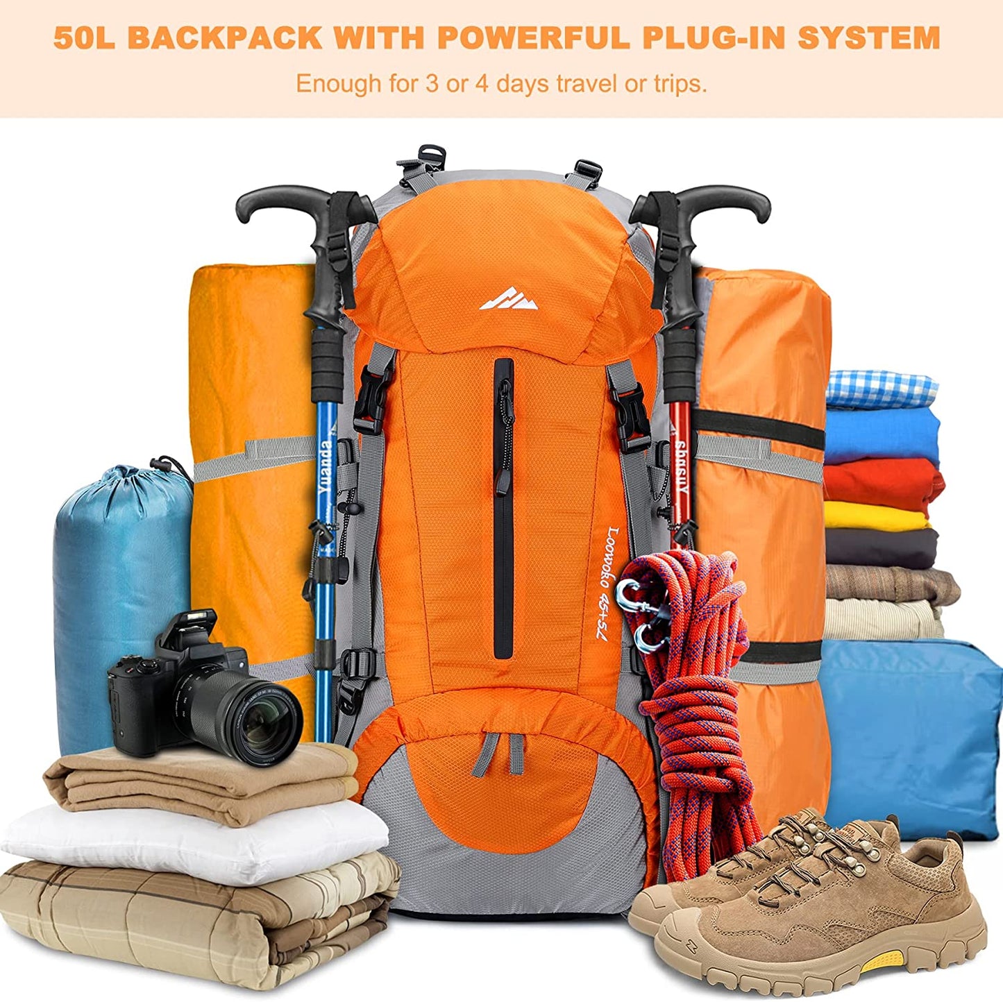 50L Waterproof Hiking Backpack with Rain Cover - Lightweight 45+5 Liter Camping Essentials Bag