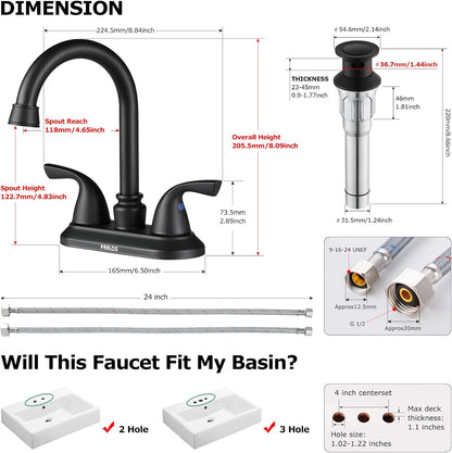 Matte Black 2-Handle Bathroom Faucet with Metal Drain Assembly and Supply Lines, NSF and CUPC Certified, Model 1359104