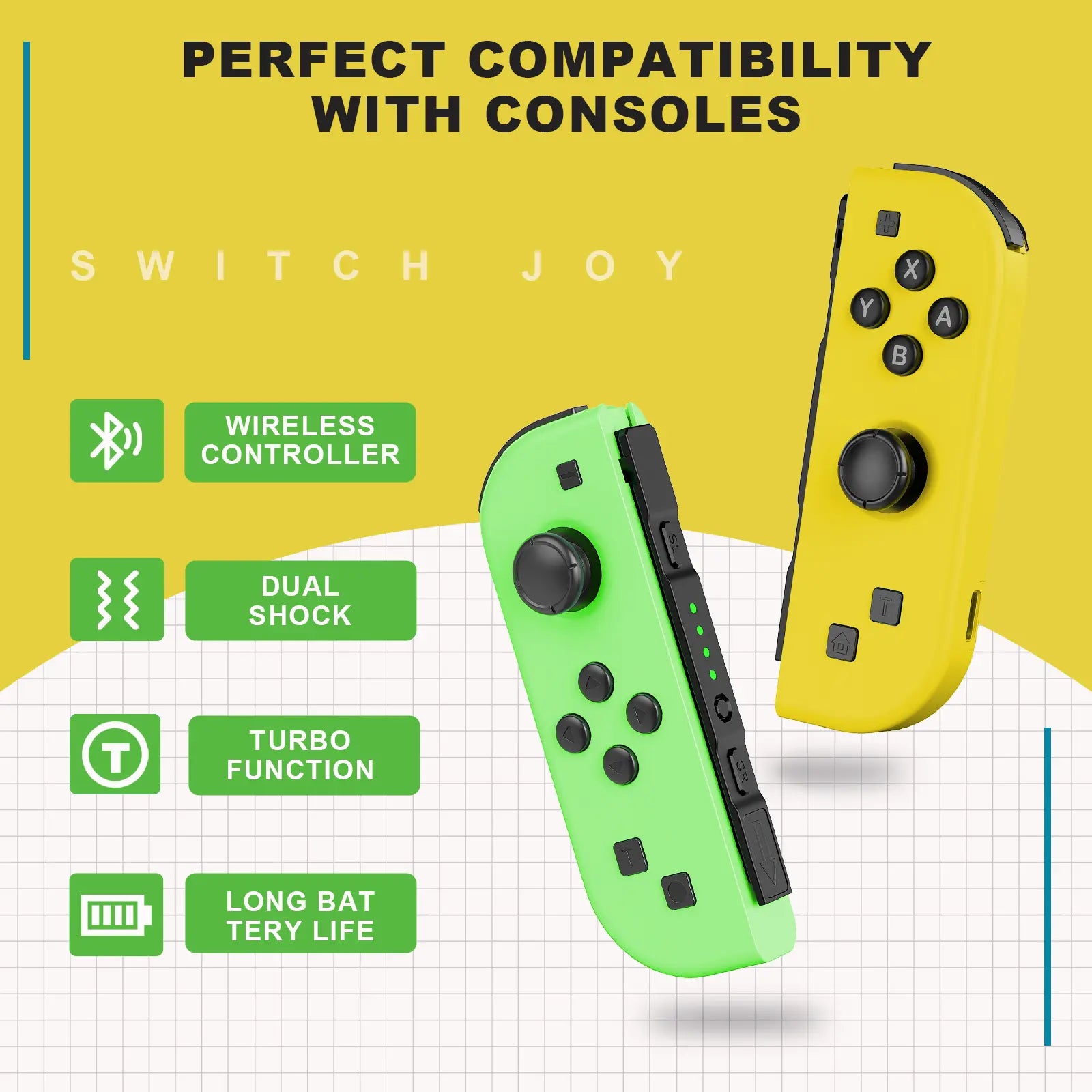 Wireless Joypad L/R Controller for Nintendo Switch - Green/Yellow Ergonomic Dual Vibration Motion Bluetooth Game Controller by Summerwins