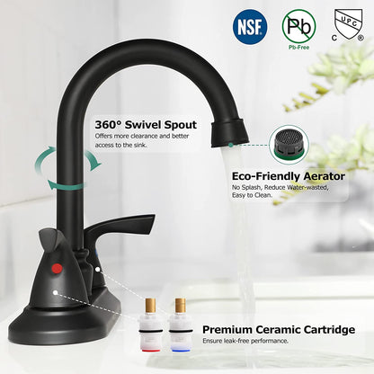 Matte Black 2-Handle Bathroom Faucet with Metal Drain Assembly and Supply Lines, NSF and CUPC Certified, Model 1359104