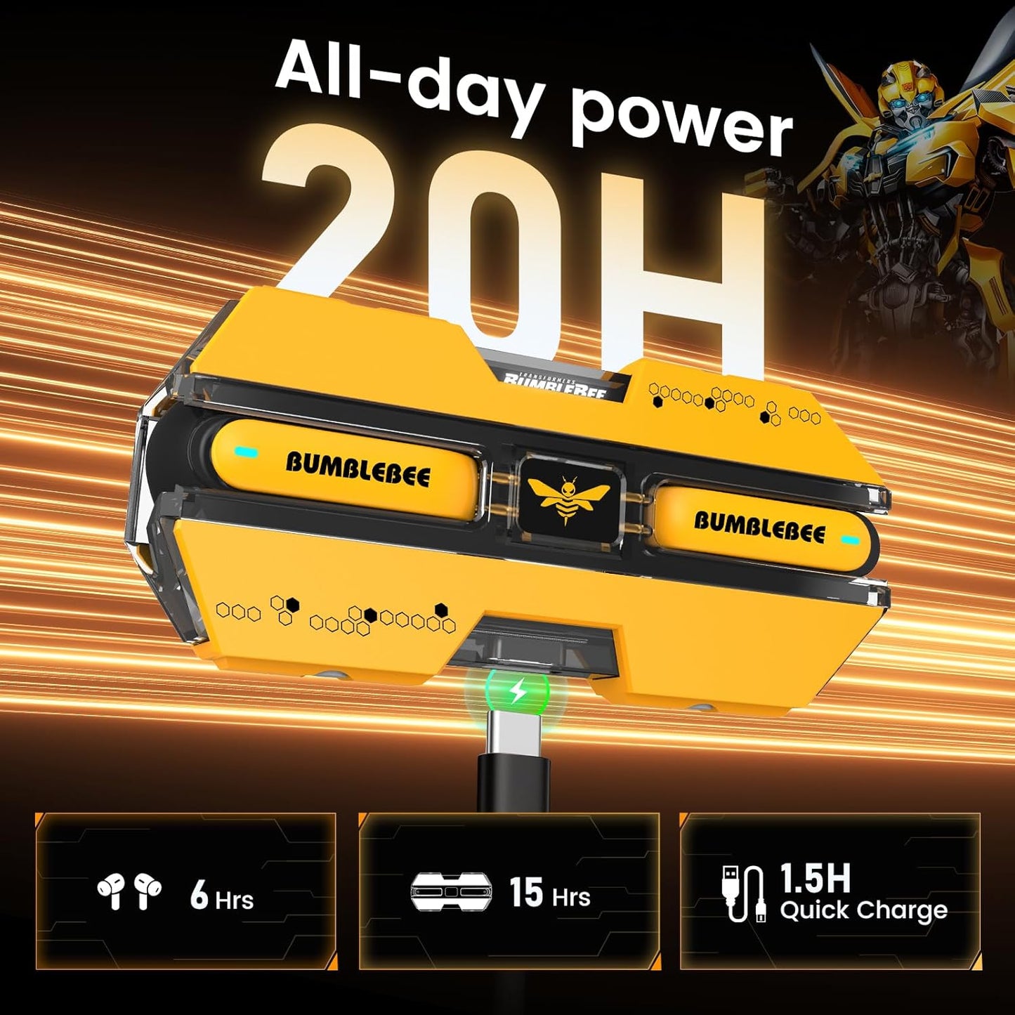 Bumblebee Official Bluetooth 5.4 Headphones, Wireless Earbuds with ENC Noise Cancelling Mic | Durable Alloy Earbud Case | Immersive Soundfor Gaming & Commute | Yellow
