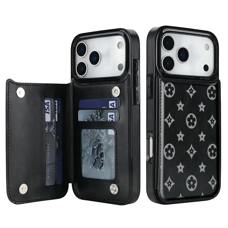 Luxury Floral Print Leather Phone Case for iPhone 17/16/15/14/13 Pro Max - Durable PU Wallet with Credit Card Holder, Shockproof and Full Protection