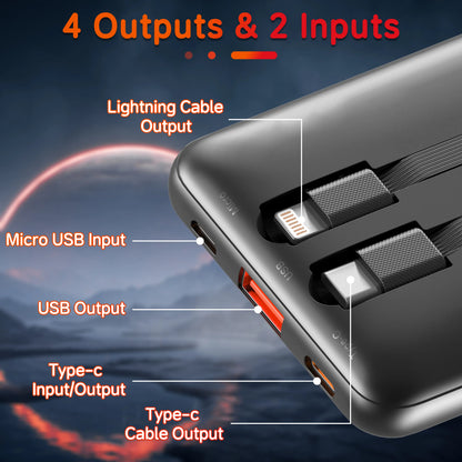 Portable Charger with Built-In Cables, 22.5W Fast Charging, 10000Mah Slim Power Bank for Iphone, Samsung, Google Pixel, LG, Moto, Ipad, USB-C & Micro USB Devices